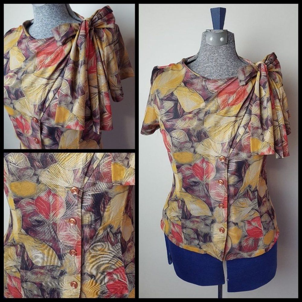 Vintage Repro Tatyana Autumn Leaves Sheer Blouse size Small